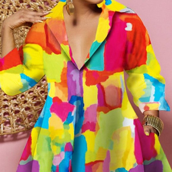 Plus Size Melting Colors All-over Print Flowy Shirt Dress - Picture 4 of 7